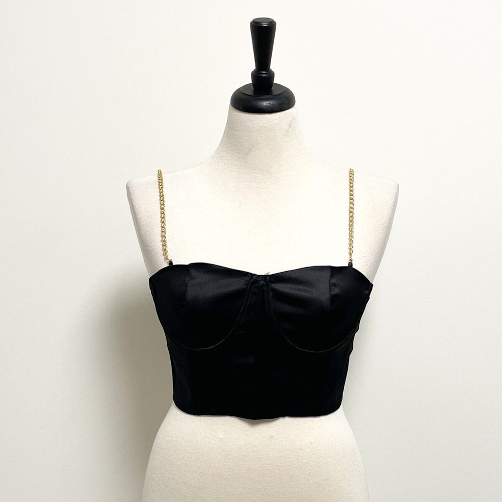Shein Black Satin Bustier Gold Tone Chain Straps Underwire Cami Top EUC
